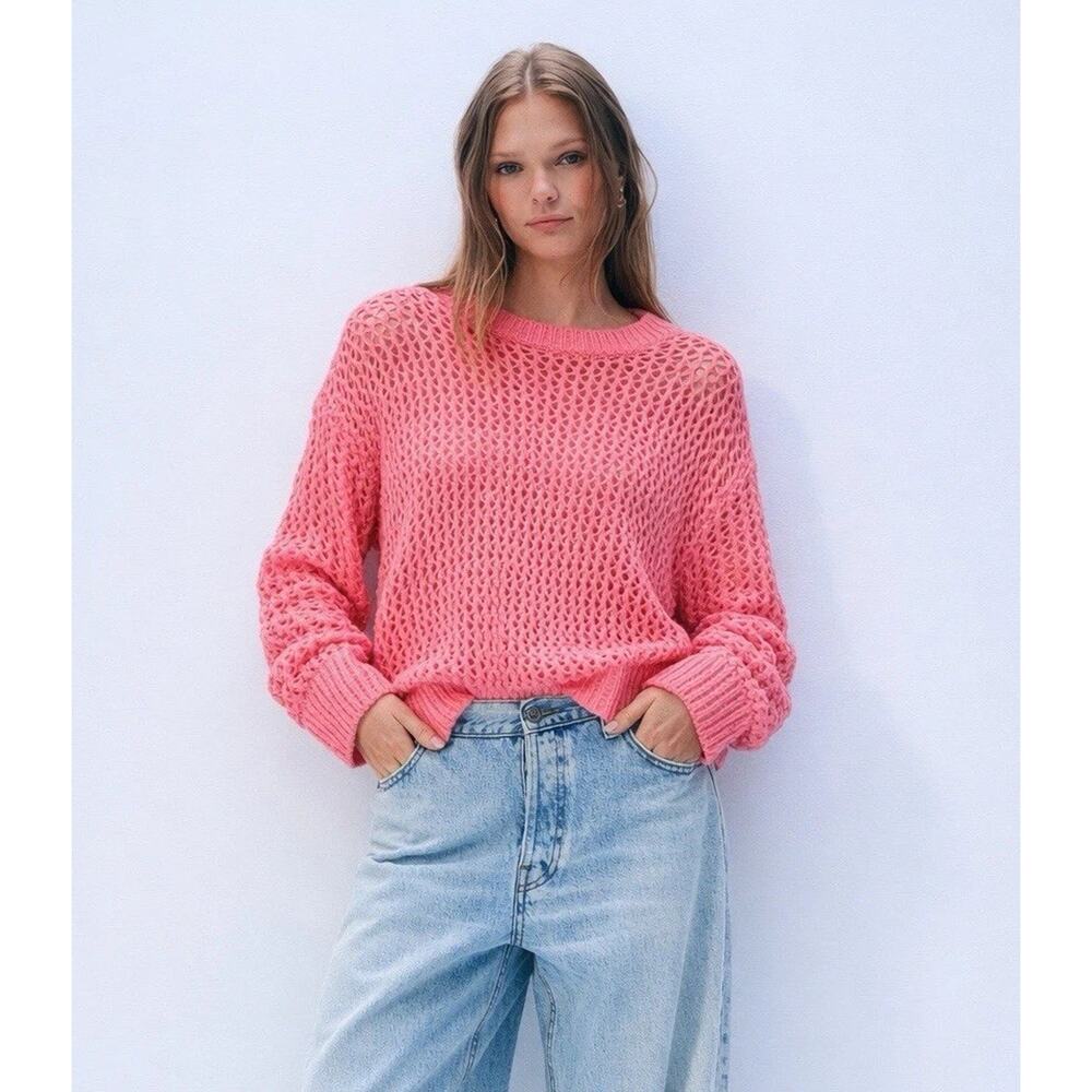 White + Warren Open Knit Pink Coastal Beachy Crewneck Capsule Sweater L